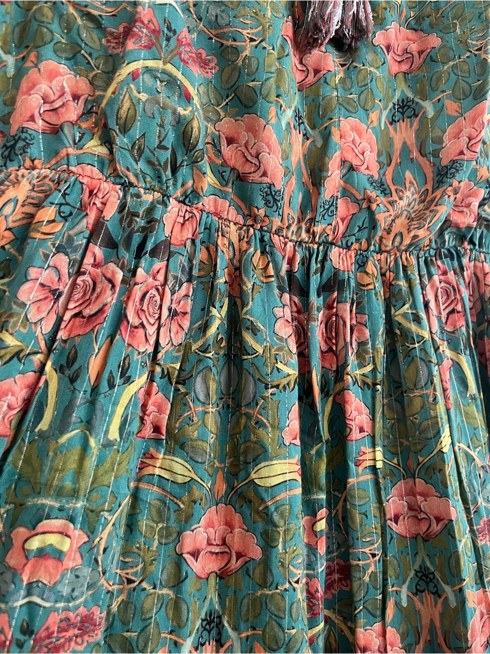 Natural Life Green Floral Metallic Lurex Tiered Maxi Dress Size Medium - Picture 4 of 12